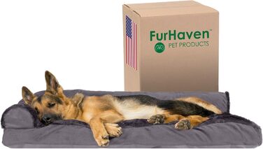 Крісло-лежанка для собак великих порід FurHaven з підголовником та знімним чохлом, плюш та оксамит, L-подібне, сірий колір, Jumbo/XL, 102 x 81 x 20 см