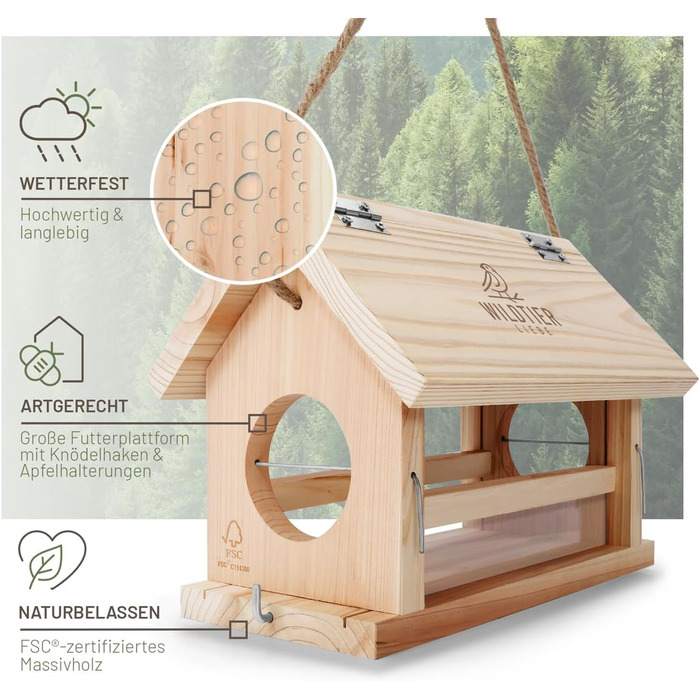 Велике годівничка для птахів з натурального дерева Wildtier Liebe XL - годівниця для птахів, стійка до погодних умов