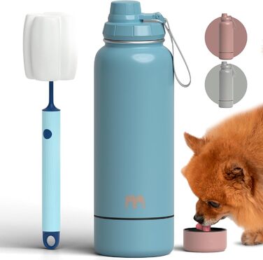 Фляга для собак Miracule Pets: термофляга з мискою, 1 л, нержавіюча сталь, BPA-free, з щіткою для чищення (Maya blue)