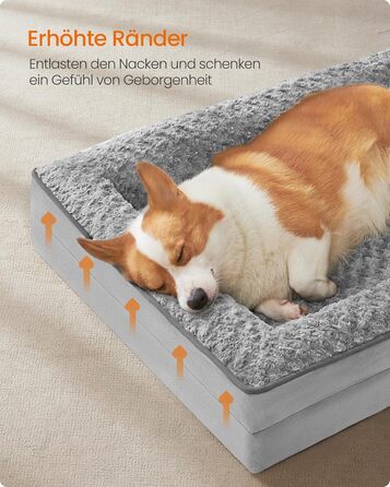 Ортопедичне ліжко для собак Feandrea, середнього розміру, водонепроникне, знімний плюшевий чохол, 91 x 68 x 16 см, сірий (PGW252G01 L)