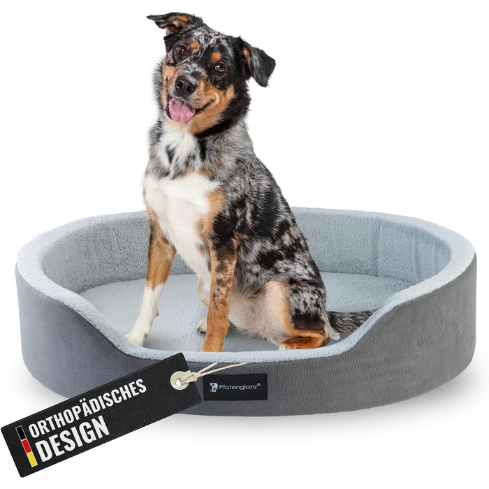 Ортопедичне ліжко для собак Pfotenglanz: зручне та м'яке ліжко-корзина для собак середніх порід. Розмір 85x65 см, з вологостійким покриттям, ковзаючою основою та м'якою матрацом з холодним пінополіуретаном. Сірий колір.