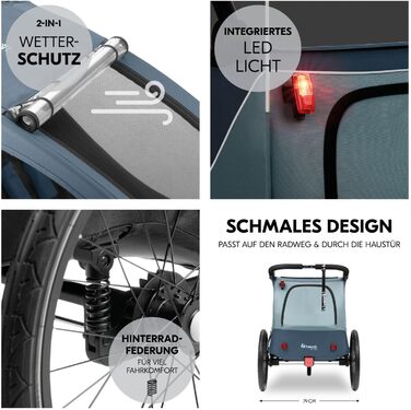 Фahrра-причіп Hauck Dryk Duo Plus Set для 2 дітей з люлькою, тентом та дощем. Складається, з підвіскою та функцією коляски, темно-синій