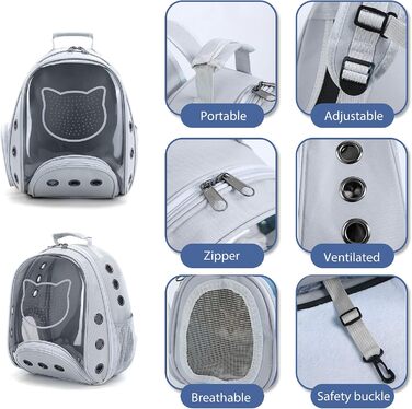 Рюкзак для котів та маленьких собак PETCUTE, дихаючий, знімний килимок, до 6 кг, з прозорим вікном, для подорожей (світло-сірий)