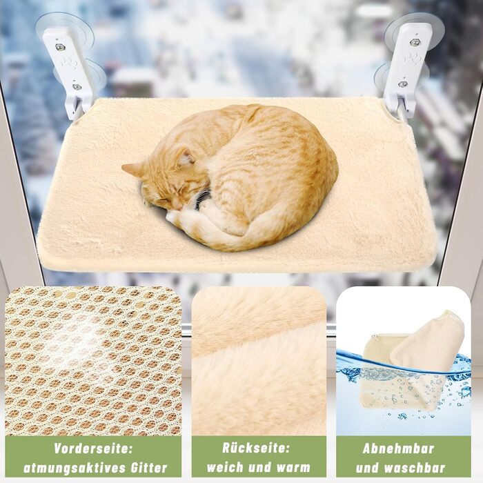 Кігтеточка-ліжко для котів Casgee на вікно 60x30 см, кріпиться на присосках, розкладне ліжко для котів на віконну раму, до 20 кг, бежеве