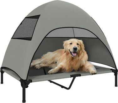 Лежанка для собак PawHut Outdoor з дахом, підняте ліжко для середніх собак, прохолодне місце для тварин з миючим каркасом з сітки та сталі, переносна сумка, ліжко для собак на вулицю, кемпінг, 76x61x71cm, (L 106 x B 76 x H 99 cm, світло-сірий)