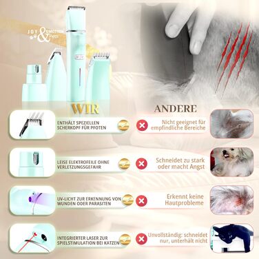 Машинка для стрижки собак та котів JOY & EMOTION® 6-в-1 з лазером та УФ-світлом | Бездротова машинка для грумінгу тварин | Тиха машинка для стрижки кігтів