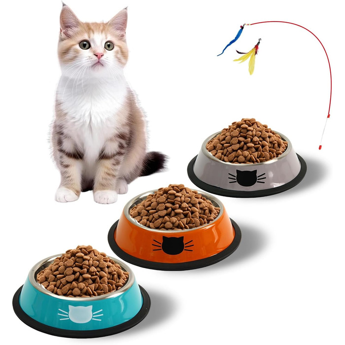Набір мисок для котів 3 шт. + іграшка для котів, миски для корму котів, миски з нержавіючої сталі, годівниця для котів, миска для води, для котів та маленьких собак (Блакитний + Зелений + Срібний) (3 шт. Оранжевий + Срібний + Блакитний)