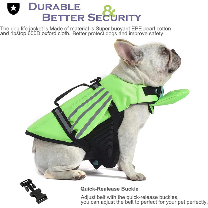 Рятувальний жилет для собак з плавниками, для собак з проблемами підборіддя, легкий та безпечний для водних видів спорту, жилет для собак з ручкою та світловідбиваючими елементами для малих, середніх та великих собак (L, Зелений)