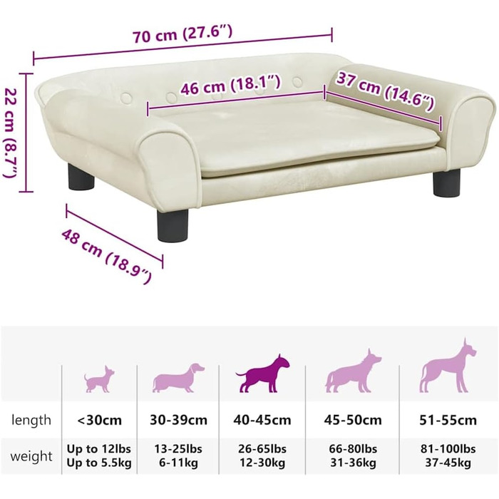 Крісло-ліжко для собак, м'яке ліжко для тварин, диванчик для маленьких собак та котів, ліжко для домашніх тварин, велюр (70 x 48 x 22 см, кремовий)
