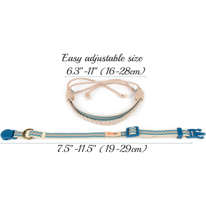 Нашийник для кота Pettsie з безпечною застібкою та браслетом дружби, міцна бавовна, D-подібне кільце для аксесуарів, регульований розмір 19-29 см, блакитний