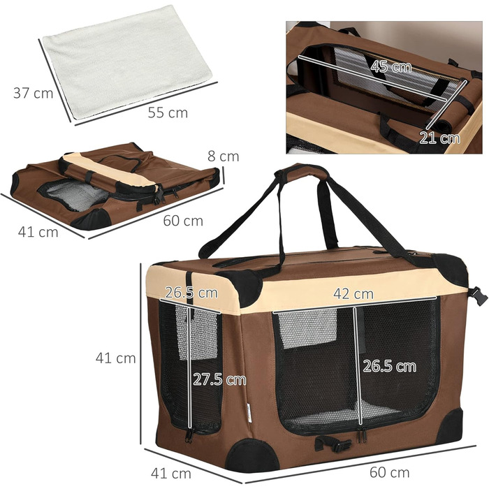 PawHut переносна переносна сумка-переноска для тварин, 60 см, для котів та мініатюрних собак, з подушкою, коричнева