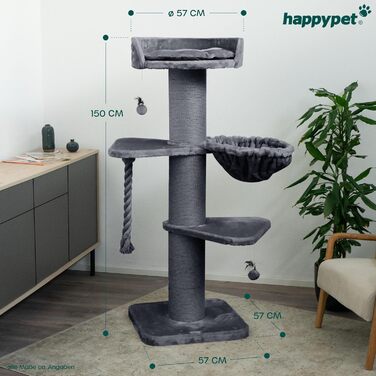 HAPPYPET Premium Котячий Дерево Cooper 150 см для великих котів, кішок Мейн-кун, стовбури 20 см, натуральний сизаль, сірий, стійкий когтеточка-клітер для котів