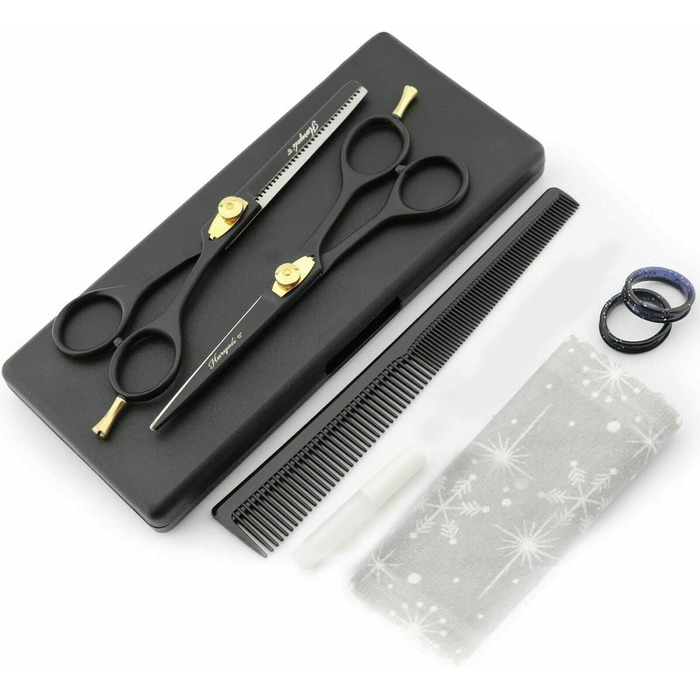 Набір професійних перукарських ножиць Haryali London, 15.2 см, чорний, з регулюванням натягу, для текстуризації та розрідження волосся, у подарунковому етолі