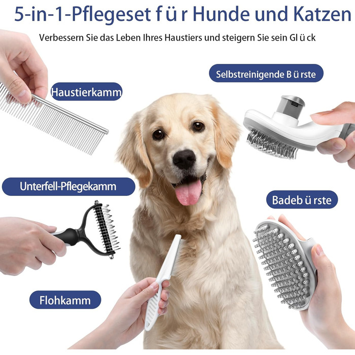 Набір щіток для собак, 5 шт., для догляду за шерстю, самоочищувані, для великих та середніх собак, котів та дрібних тварин, ідеально підходить для довгої та короткої шерсті, зменшує випадання шерсті (сірий)