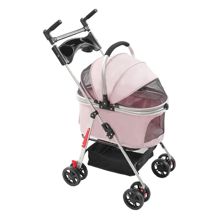Візок для собак та котів, розкладний, до 12 кг, з кошиком та страхувальним тросом (Sakura-Rosa)