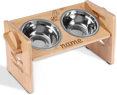 Підвищена годівниця для собак та котів OXYEFEI з іменем, бамбукова, ергономічна, з нержавіючої сталі, стильна