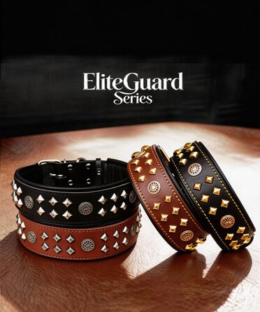 Нашийник EliteGuard для собак шкіряний, 5.6 см, ручна робота, з заклепками та сталевою фурнітурою, коричнево-золотий, 45.5-56 см