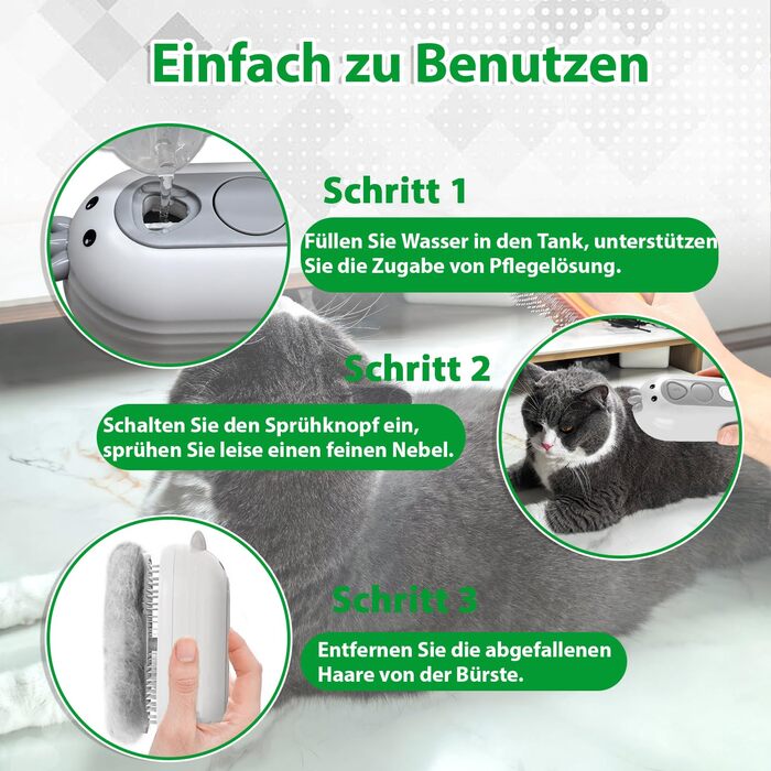 Дampова щітка для котів 4-в-1 з розпилювачем та функцією самоочищення, IPX7, білий колір