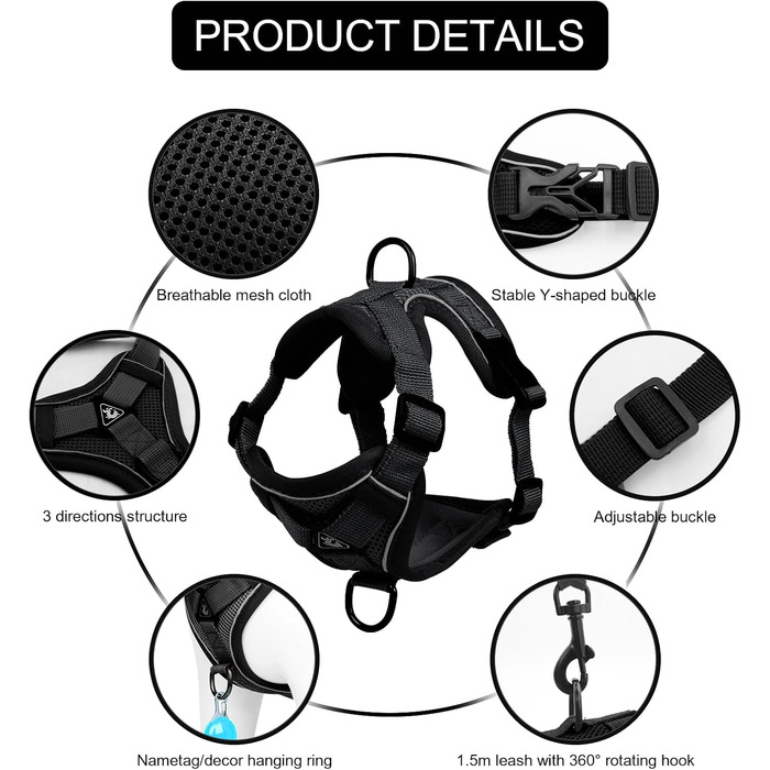 Шлейка та поводок для котів Skmeditec: безпечна шлейка-жилет для великих котів та маленьких собак, м'яка жилетка зі світловідбиваючими смугами, чорний (L)