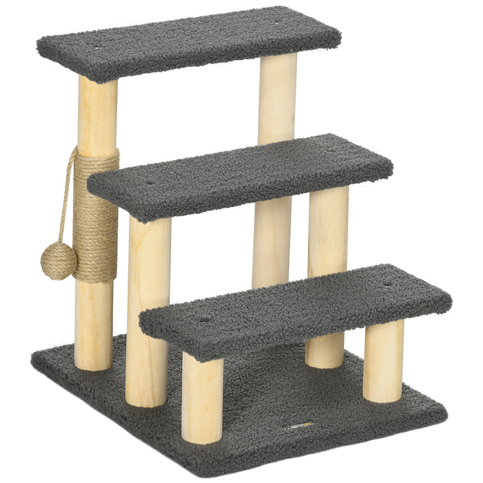 PawHut 3 сходинки Cat Stairs 48H см Сходи для домашніх тварин з тедді тканиною для маленьких кішок сірого кольору, ідеально підходять для людей похилого віку та дрібних порід