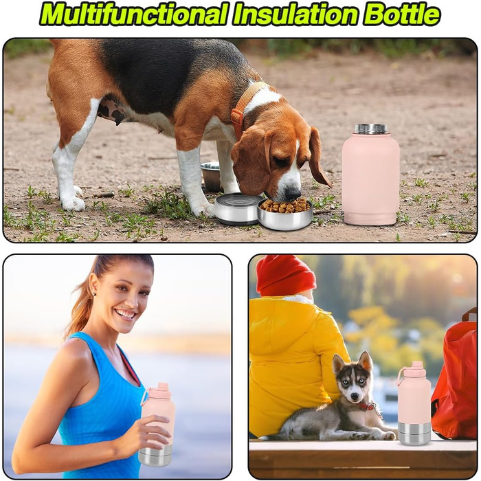 Водяна пляшка для собак на прогулянці, 950 мл, з мискою, ізольована, нержавіюча сталь, термопляшка для собак, рожева