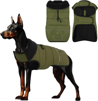 Водонепроникний теплий зимовий одяг для собак великих порід. Куртка для собак з флісовою підкладкою, світловідбиваючими елементами та кишенею на спині. XL, обхват грудей 76 см, зелений