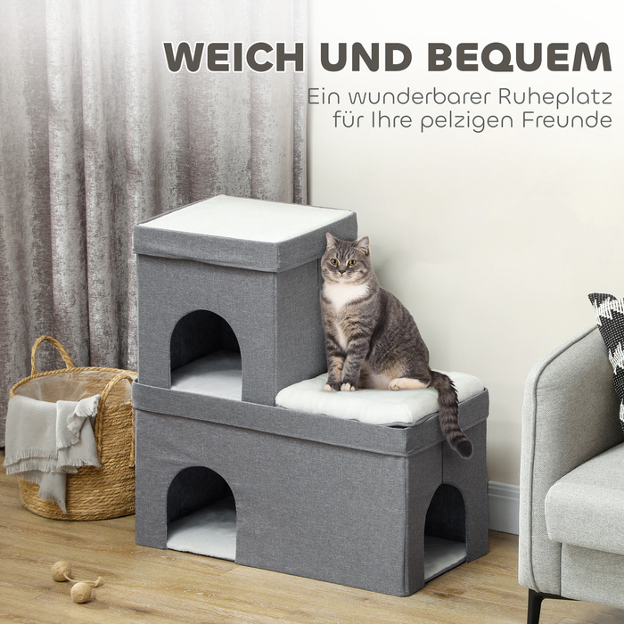 PawHut Cat Cave Cat House, Будиночок для кішок з 3 ярусами, Лежанок для кішки з подушкою, Будиночок для собаки до 5 кг, 74 x 37.5 x 78.5 см, Сірий | Аосом