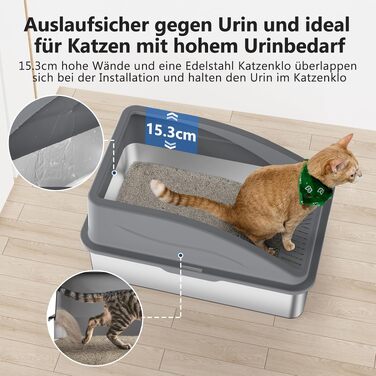 Лоток для котів FURTIME XXXL з нержавіючої сталі, екстра великий туалет для великих котів, темно-сірий (71x51x31 см)