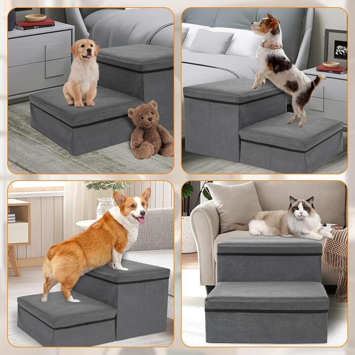 Сходинки для собак зі зберіганням, 2 сходинки, складані, широкі, антиковзні, для собак та котів, сірий, 60×40×30 см