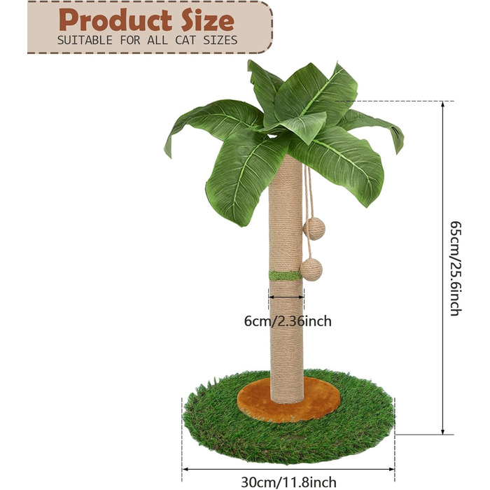 Котячий будиночок Homyhands: когтеточка для котів та кошенят, 60 см, з мотузки сизалю, пальма, з іграшкою-м'ячиком