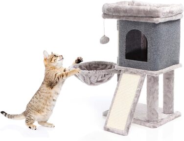 Кігтеточка для котів Fudajo сірого кольору, 71,5 см, з платформою для відпочинку, лежаком, дряпалкою та будиночком. Кліматичний комплекс для котів з 1 будиночком.