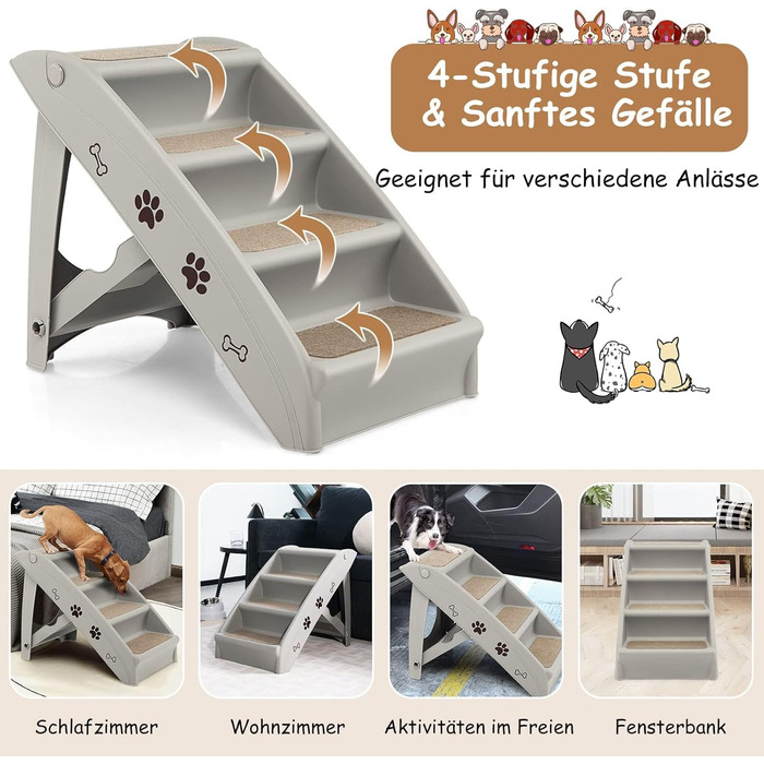 Сходинка для домашніх тварин GYMAX з 4 сходинками, складана, з пластику, з антиковзкими накладками, 4 килимки, трикутна структура, допомога у підйомі для котів та собак (Сірий)