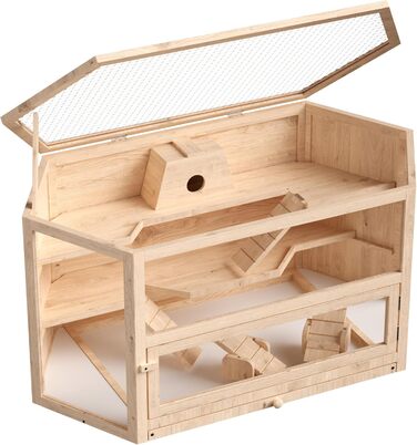 Клітка для тварин Wiltec 3-ярусна, 600x400x800 мм, дерев'яна, з відкидним дахом та оглядовим вікном, для мишей, хом'яків (116x60x59 см)