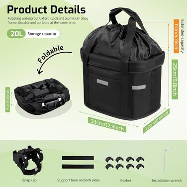 Кошик для велосипеда на кермо, складаний, водовідштовхуючий, знімний, з адаптером для керма, шнурковий замок, для собак, для покупок та подорожей