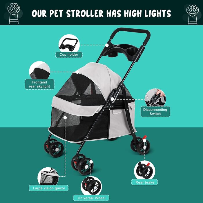 Візок для собак 2 в 1, бугі для собак до 20 кг, 4 пари поворотних коліс на 360°, візок-переноска для собак/кішок з тримачем для напоїв, складаний візок для маленьких/середніх собак та котів (сірий)