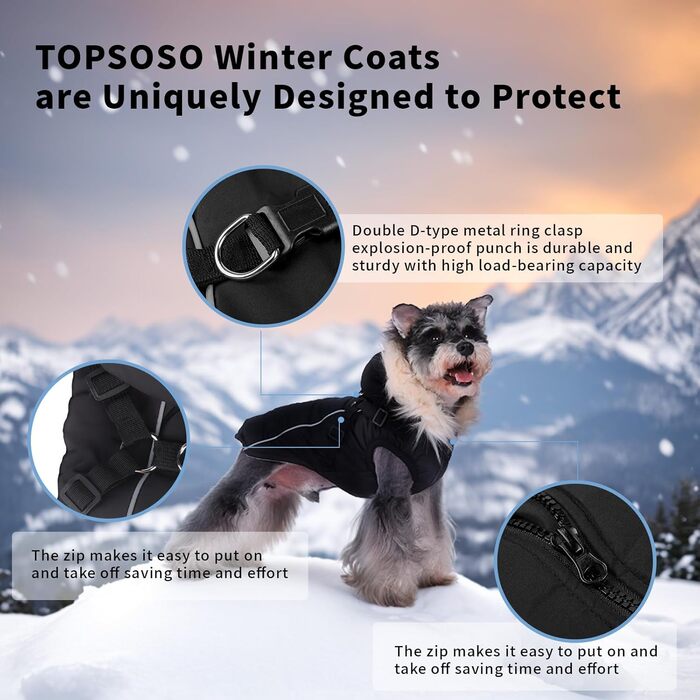 Теплий зимовий одяг для собак: курка з начосом, світловідбиваючими смугами та двома D-кільцями. Розмір M, чорний колір.