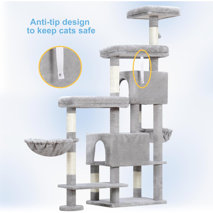 Дерев'яний комплекс для котів Hey-brother з розширеною частиною, широкими платформами, затишними печерами, гамаками, сизалевими стовпами та м'ячиком, 178 см, світло-сірий MPJ038W