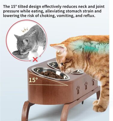Набір мисок для котів JAZUIHA (3 шт.) з підняттям, ергономічні, 15° нахил, регульована висота, дерев'яний підставник, нержавіюча сталь Ø12 см, темно-коричневий