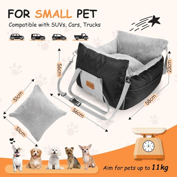Автокрісло для собак Nobleza - зручне ліжко для маленьких собак, з кишенями та змінним подушкою, 58x56x33 см, бавовна, плюш, пластик/метал