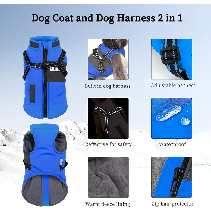 Теплий зимовий одяг для собак, куртка та жилет для маленьких та середніх порід, з світловідбиваючим жилетом, блакитний (S, блакитний)