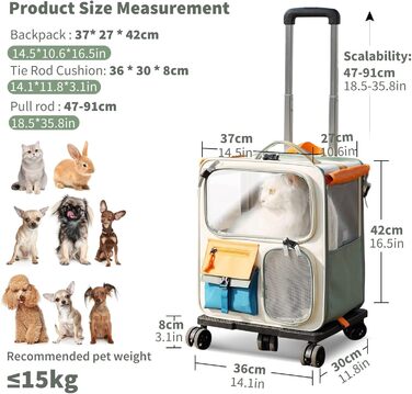 PETCUTE Рюкзак для собак з візком, 2-в-1, рюкзак для котів великих порід з колесами, дихаючий рюкзак-переноска для собак з вийманим килимком, складаний рюкзак для тварин для цуценят Бежевий+Зелений