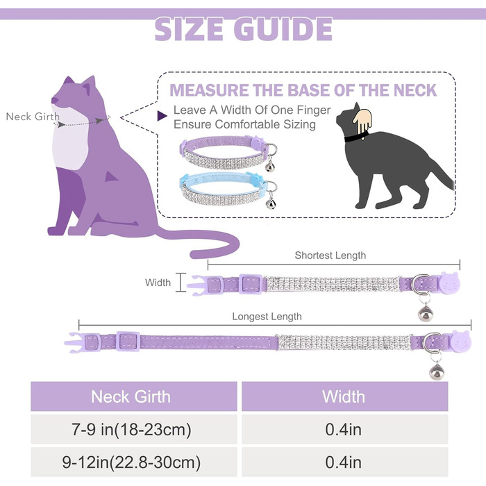 Нашийник для котів ExPawlorer з дзвіночком та стразами, на м'якому оксамиті, регульований, безпечний, для котів та маленьких собак, 2 шт., 9'-12' (Синій та фіолетовий)