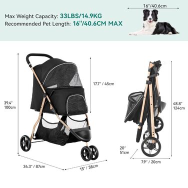 Візок для собак та котів YITAHOME 15 кг, 3 колеса, сітко-вікно, гальма, міцний, чорний