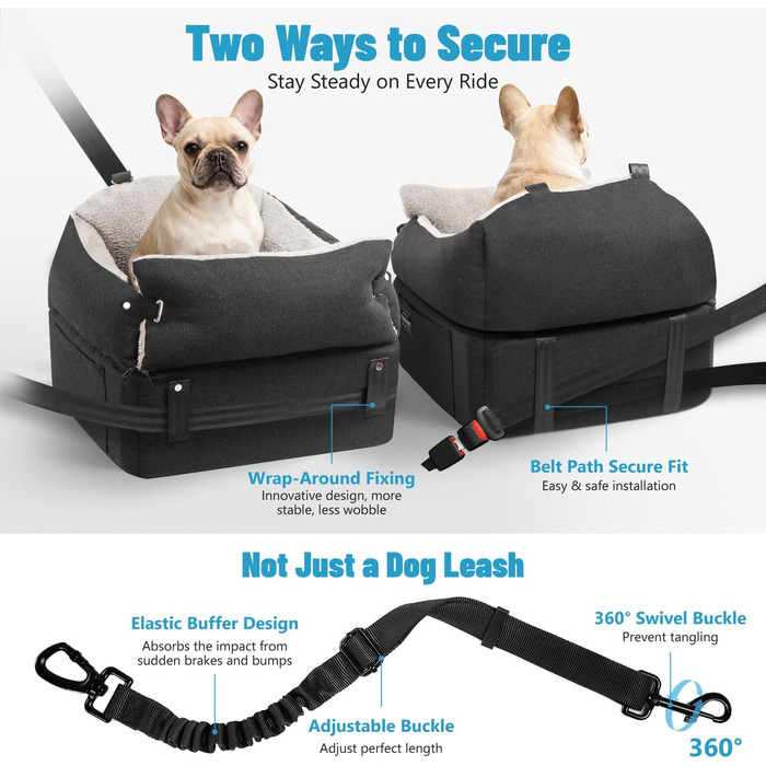 Автокрісло для собак EASTBLUE Medium, чорний/сірий, для собак до 15.9 кг, з пам'яті піною, безпечним ременем та 2 подушками