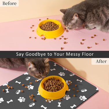 Підкладка для годівлі домашніх тварин – вбираюча підкладка під миски для їжі та води, без плям, швидковисихаюча (темно-сіра, з кількома лапами, 44.5 x 71 см)