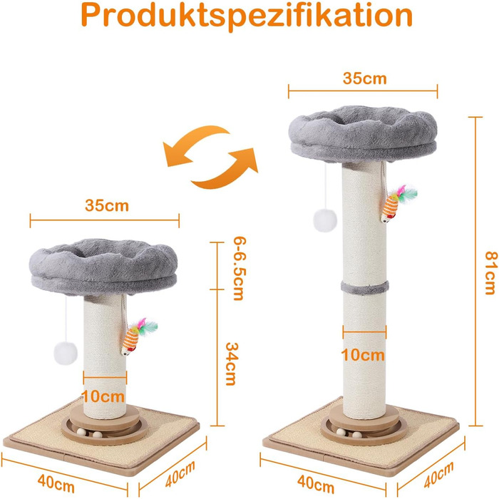 Дряпак для котів Trhillsbrad 81 см з м'ячиком та іграшками, з сизалю