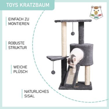 Дряпак для котів PATAM з сизалю, котяча печера та пандус, посилена основа, легка збірка – висота 83,5 см, іграшки Бежевий (Темно-сірий)