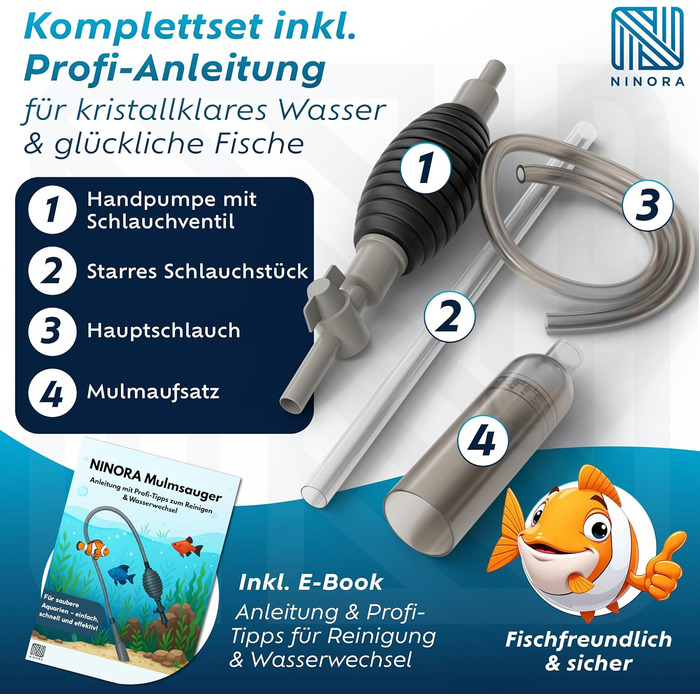 Нінора® Мульмсмукач для акваріума – очищувач ґрунту, заміна води з насосом та шланговим клапаном | Безпечний для риб, без хімії | Для малих та великих акваріумів | Аксесуари для акваріума з електронною книгою