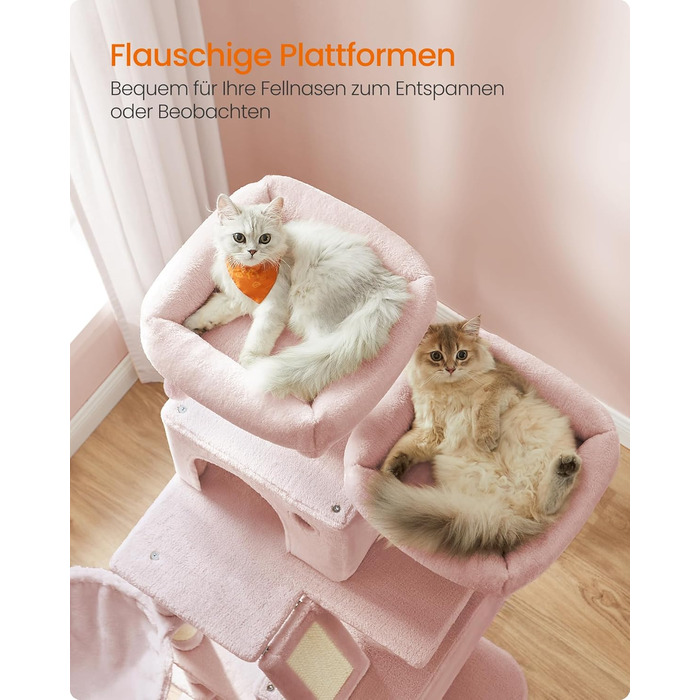 Когтеточка для котів Feandrea, 168 см, велика, з 13 когтеточковими стовпами, 2 платформами, 2 будиночками, гамаком, м'ячиками, PCT165W01, пастельно-рожевий