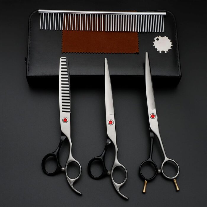 Набір професійних ножиць для собак та котів 4-в-1, з витончувальними ножицями, гребінцем, з нержавіючої сталі 440C